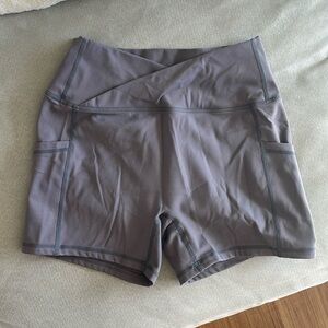 Workout Shorts Cross Waist Spandex Stretchy Compression with Side Pockets